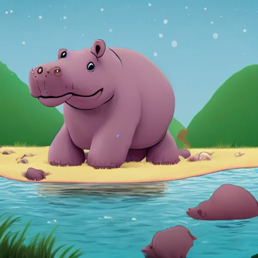 Prompt: sad hippo waking up in a beautiful river landscape, kids book illustration, trending on artstation