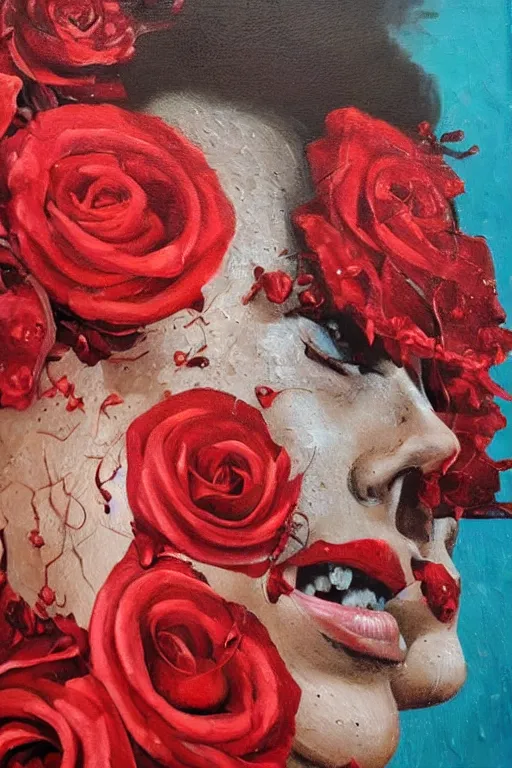 Image similar to oil painting, close-up, hight detailed, melting cyborg face with red roses everywhere at red planet, in style of 80s sci-fi art, neodada