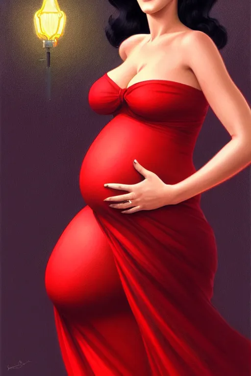 Image similar to pregnant katy perry in a red dress, realistic portrait, symmetrical, highly detailed, digital painting, artstation, concept art, smooth, sharp focus, illustration, cinematic lighting, art by artgerm and greg rutkowski and alphonse mucha