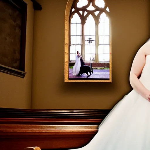 Image similar to rhinoceros wearing a wedding dress in a chapel, photo realistic, hyper detailed, cinematic lighting, polaroid