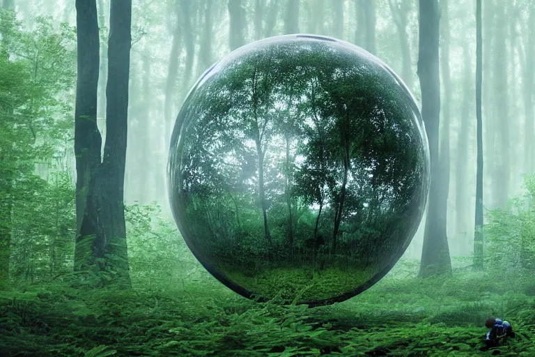 Image similar to a tourist visiting a complex organic fractal 3 d ceramic sphere floating in a lush forest, foggy, cinematic shot, photo still from movie by denis villeneuve