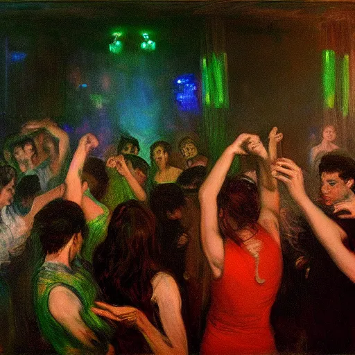 Prompt: young people dancing and drinking in a nightclub, partylights, beautiful people, by monet, trending on artstation