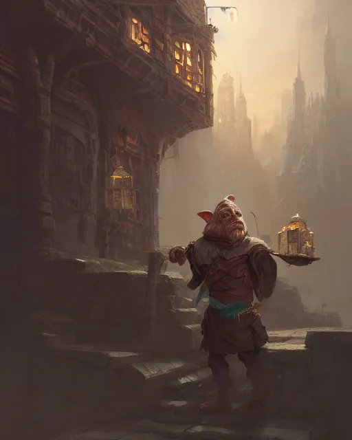 Prompt: A merchant selling treasuries, highly detailed face, fantasy art, goblin art, in the style of greg rutkowski, illustration, epic, fantasy, intricate, hyper detailed, artstation, concept art, smooth, sharp focus, ray tracing