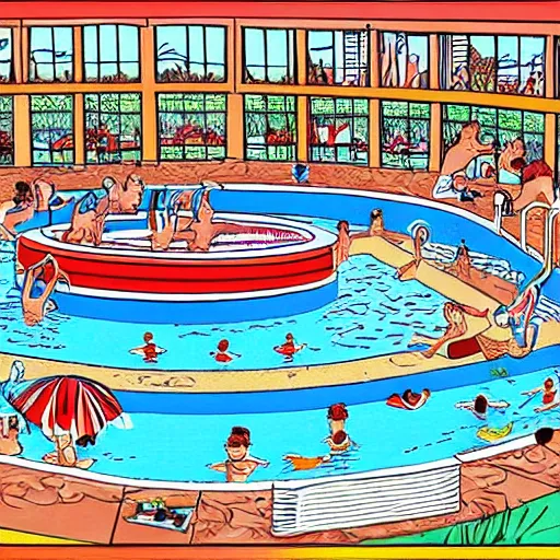 Prompt: where's waldo book page highly detailed, swimming pool setting