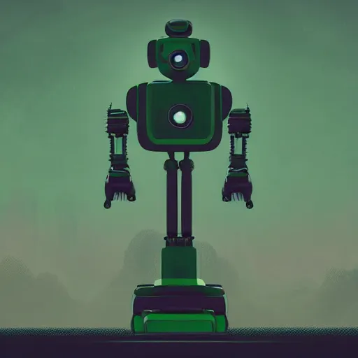 Image similar to retrofuturistic robot in style of Simon Stalenhag, green colour scheme