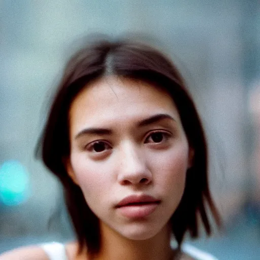 Image similar to a close-up of a gorgeous woman’s face looking at the camera with a mix of desperation and awe, soft blurred city background, captured in low light and sharp focus, cinestill 800t