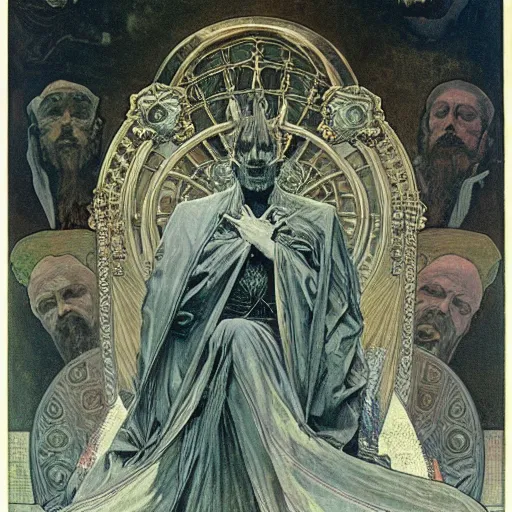 Prompt: greg davis sits on his throne as ruler of hell, oil on canvas, by alphonse mucha, gustave dore, zdzislaw beksinski