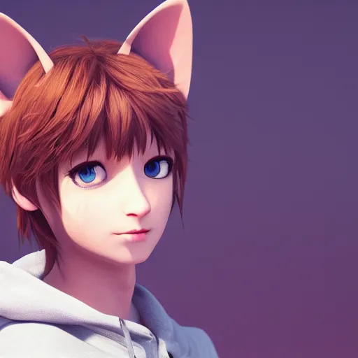 Prompt: pretty cat - boy posing in front of plains + beauty + warm light from behind + bright green eyes + auburn hair + cat ears + large well - defined eyelids + artstation + octane render + cinematic color grading + muted colors + soft light + rule of thirds + like a professional model + cinematic + 8 k + 3 d render + 3 5 mm