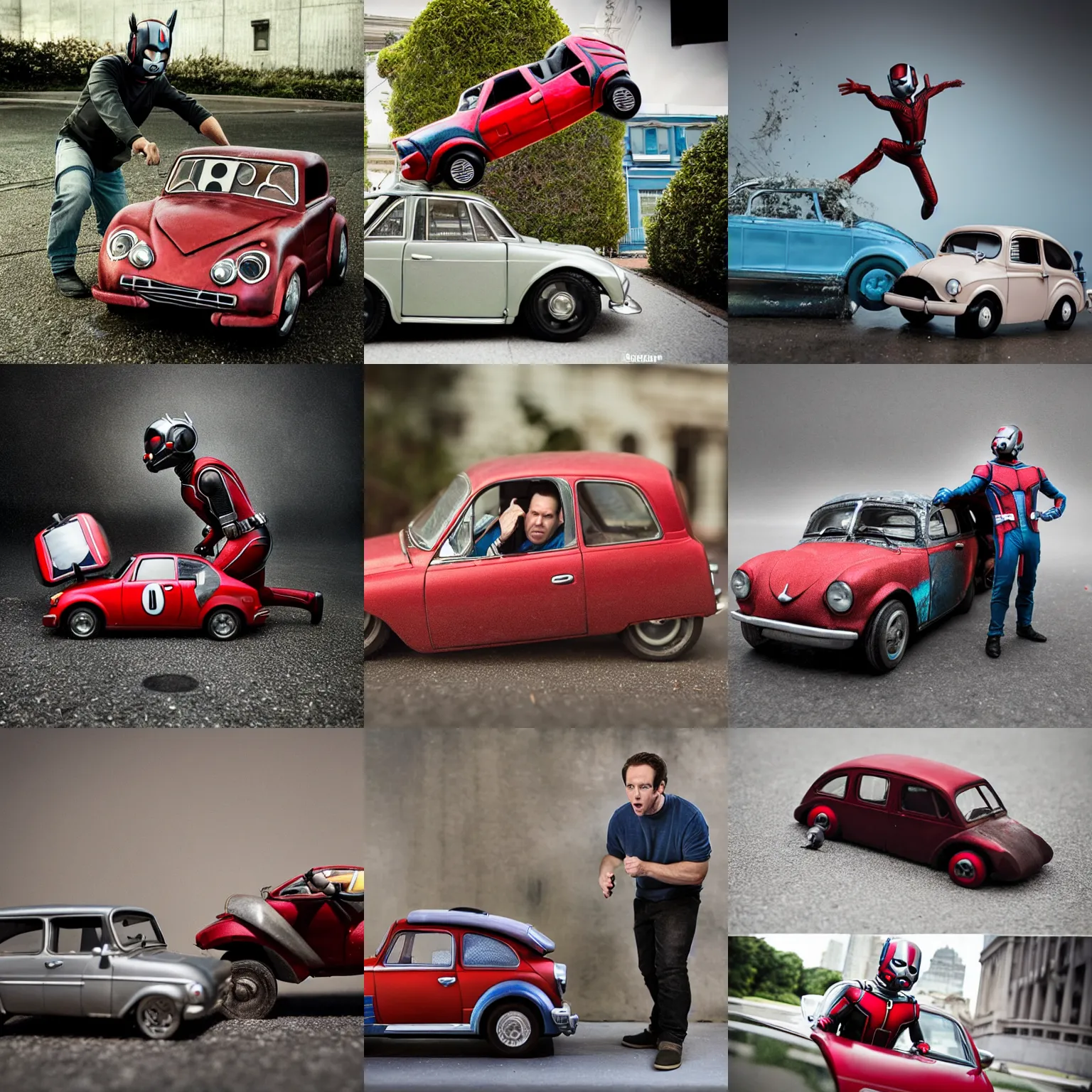 Prompt: Giant Scott Lang (Ant-Man) crushes a miniature car, photography by Julia Fullerton-Batten