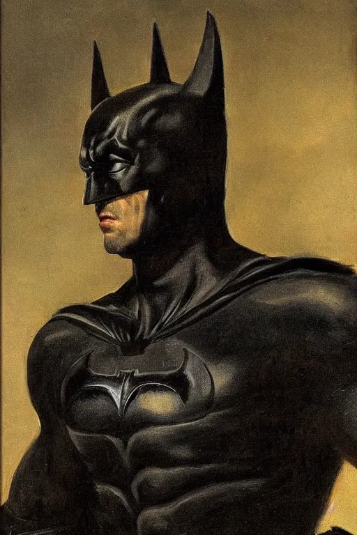 Prompt: A portrait painting of the muscular Batman, by Rembrandt