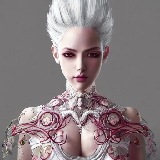 Prompt: the portrait of an absurdly beautiful, graceful, elegant, sophisticated, fashionable young gravure idol made of strawberries and white petals white hair, an ultrafine hyperdetailed illustration by kim jung gi, irakli nadar, intricate linework, bright colors, octopath traveler, final fantasy, unreal engine highly rendered, global illumination, radiant light, intricate environment