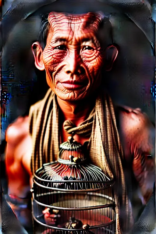 Image similar to ultra realistic vintage photo portrait of a tibetan man with a birdcage in the chest, by Annie Leibovitz,