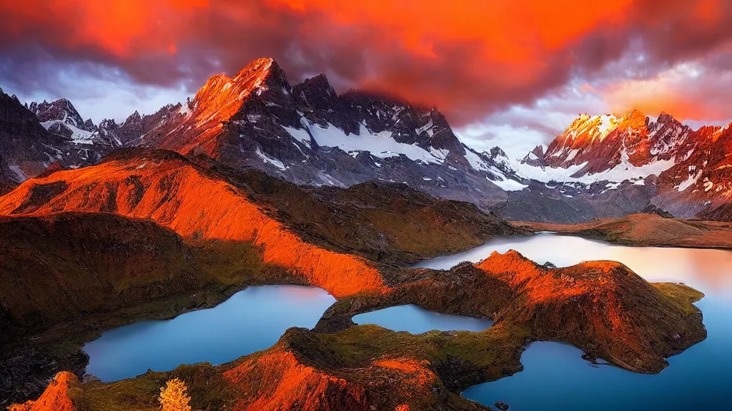 Image similar to amazing landscape photo of mountains with lake in sunset by marc adamus, beautiful dramatic lighting