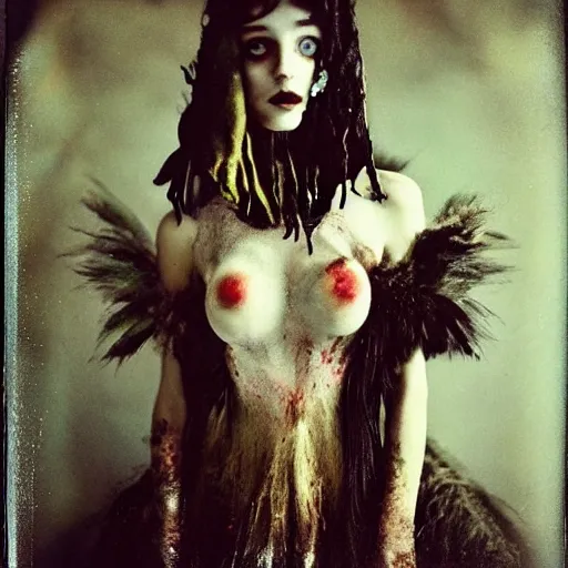 Image similar to damaged kodak portra 4 0 0, wetplate, photo of a surreal artsy dream scene,, very beautiful model, weird fashion, grotesque, extravagant dress, strange pose, carneval, with an animal, wtf, photographed by paolo roversi style