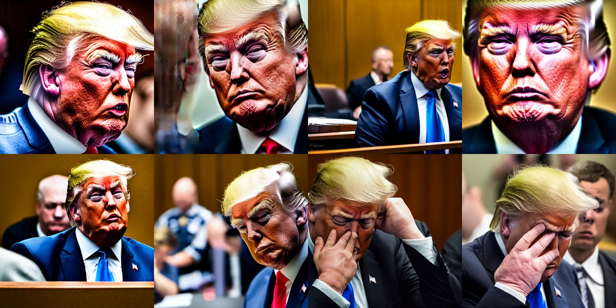 Prompt: Donald Trump crying in a courtroom, EOS-1D, f/1.4, ISO 200, 1/160s, 8K, RAW, unedited, symmetrical balance, in-frame