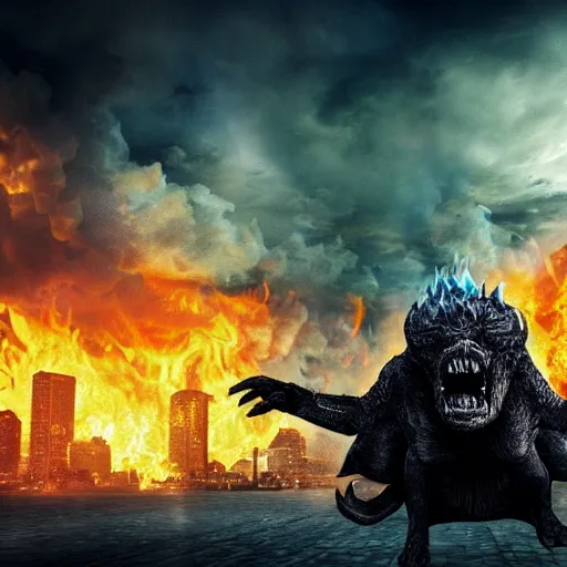 Image similar to Dark powerful creature all on fire with only one eye, destroying city, realistic photo, high detailed