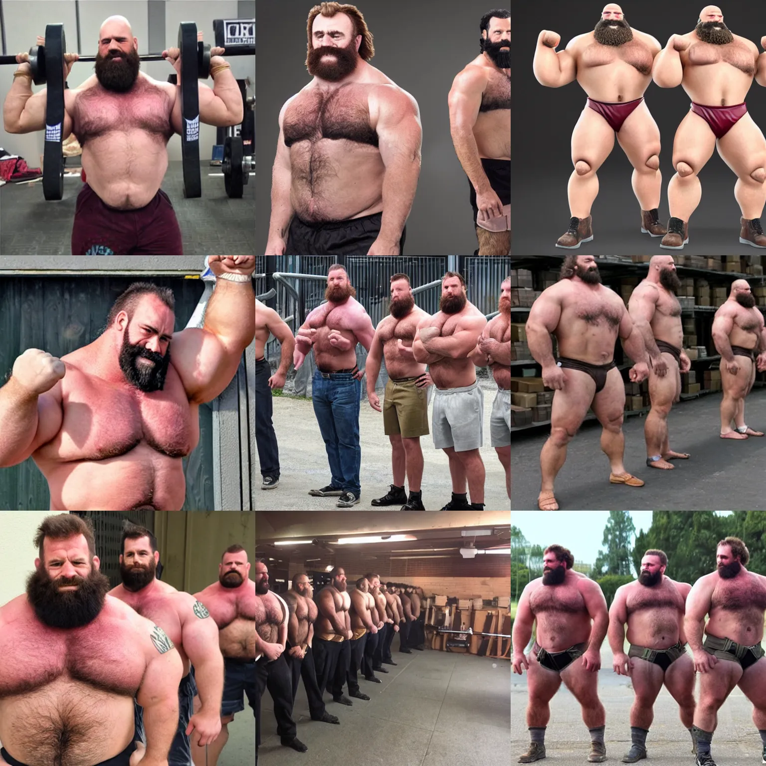 Prompt: manly hairy burly strongmen clones waiting for orders