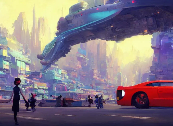Image similar to gorgeous bright girl waving a red flag over her head enthusiastically regulating hover car traffic in a Mandelbrot fractal futuristic bustling utopian city by Craig Mullins, ilya kuvshinov, krenz cushart, artgerm trending on artstation by Edward Hopper and Dan Mumford and WLOP and Rutkovsky, Unreal Engine 5, Lumen, Nanite