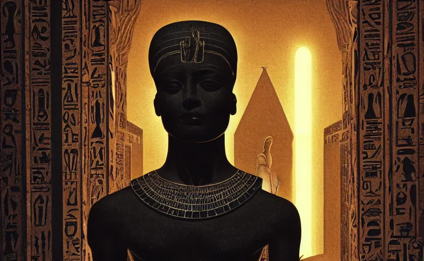 Prompt: a glowing egyptian silhouette of a marble statue in baroque neoclassicist halls. detailed textures. gloomy, dark black background. highly detailed fantasy science fiction painting by moebius, norman rockwell, frank frazetta, and syd mead. rich colors, high contrast. artstation