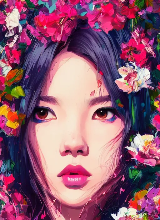 Prompt: lisa blackpink portrait illustration, pop art, splash painting, beautiful floral and plants ornaments in cloth and hair, art by ilya kuvshinov, greg rutkowski and makoto shinkai, dan mumford, artstation