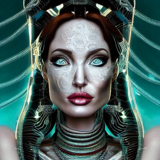 Image similar to the portrait of an absurdly elegant, sophisticated, fashionable ottomanpunk robotess idol, an ultrafine hyperdetailed illustration of angelina jolie and megan fox by kim jisu, intricate linework, neon wiring, electronics, porcelain skin, unreal engine 5 highly rendered, global illumination, radiant light, detailed and intricate environment, by rutkowski, artgerm, marvel comics