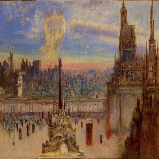 Prompt: a dream city in the style of gustave moreau, fernand keller, oil on canvas, musee d'orsay