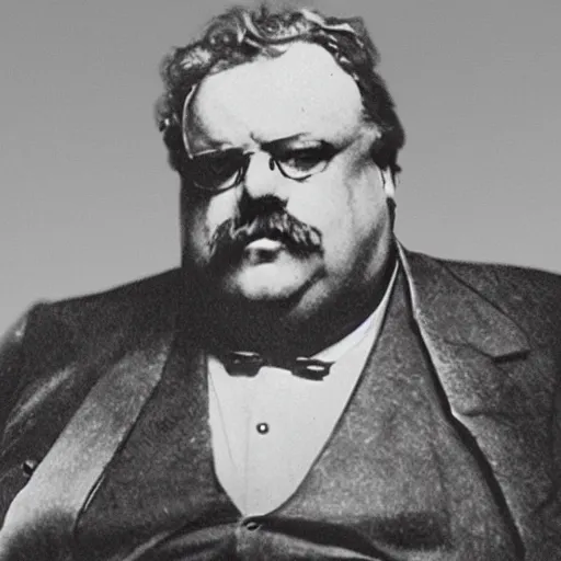 Image similar to illustration of gk chesterton with big muscles and a shotgun