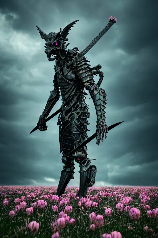 Image similar to hyperrealistic neo - gothic human gargoyle hybrid, exoskeleton armor, fighting with katana, field of pink flowers, highly detailed digital art masterpiece, vitaly bulgarov dramatic dark teal light, ground angle hd 8 k, sharp focus