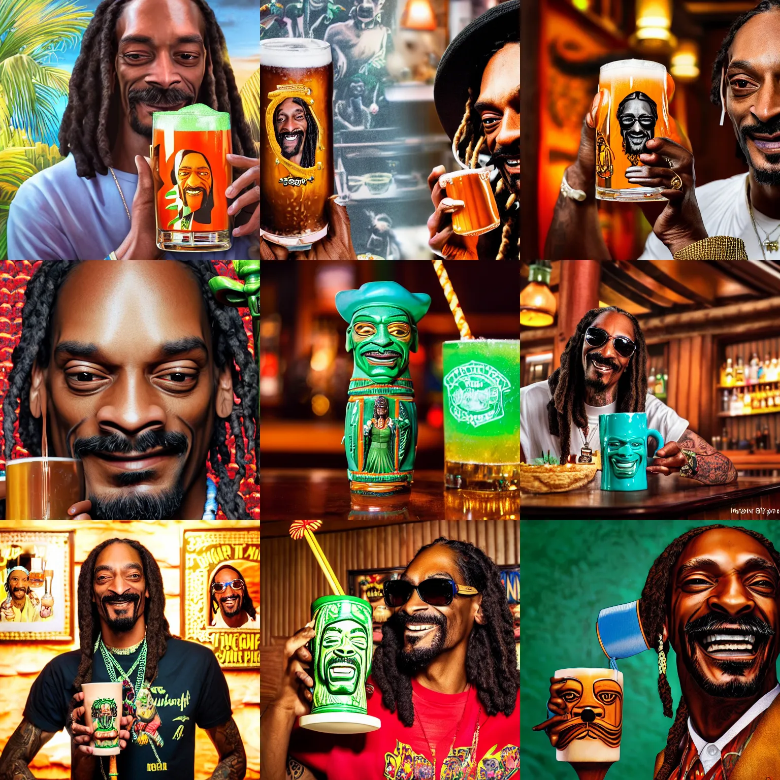 Prompt: a closeup photorealistic photograph of happy snoop dogg at trader vic's bar holding up a trader vic's tiki mug featuring the face of snoop dogg. brightly lit scene. this 4 k hd image is trending on artstation, featured on behance, well - rendered, extra crisp, features intricate detail, epic composition and the style of unreal engine.