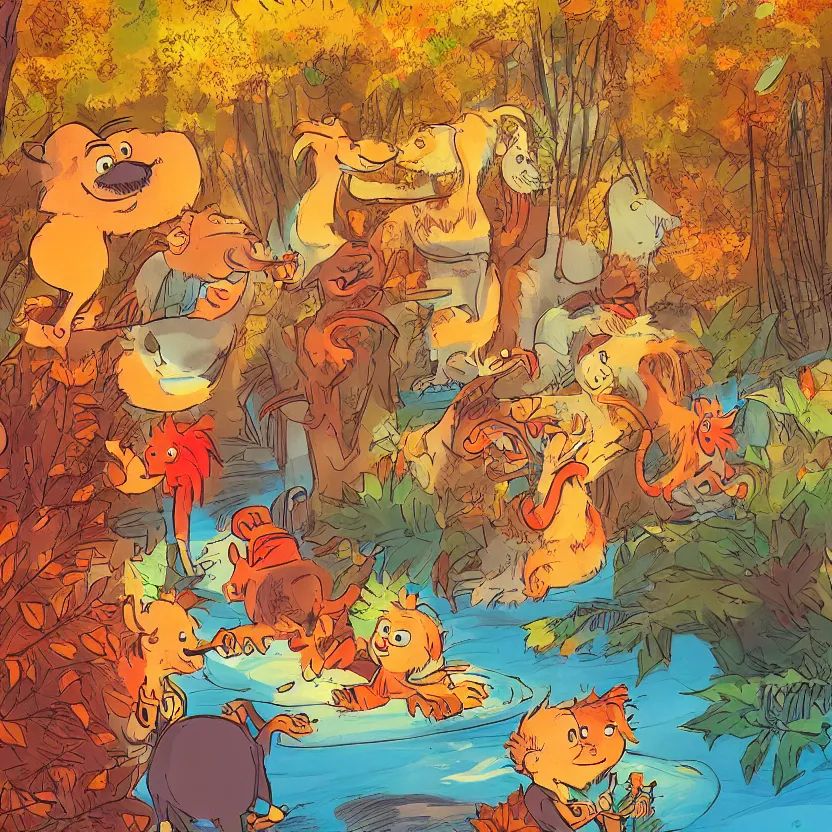 Prompt: last saturday I took my mommy and my daddy to the zoo, by Dr. Seuss and Don Freeman, illustration, warm colors, autumn, artstation