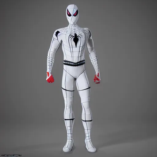 Image similar to white spider - man suit with black web lining, cinematic, volumetric lighting, realistic, hyperdetailed, photorealistic, photograph