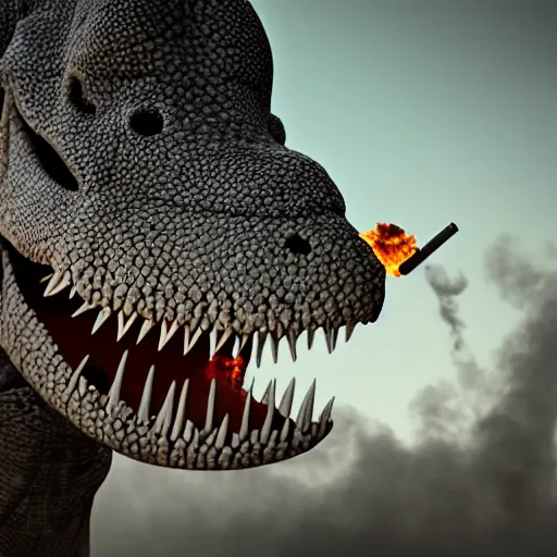 Image similar to dinosaur smoking a cigarette and blowing smoke realistic 8 k hdr 3 5 mm