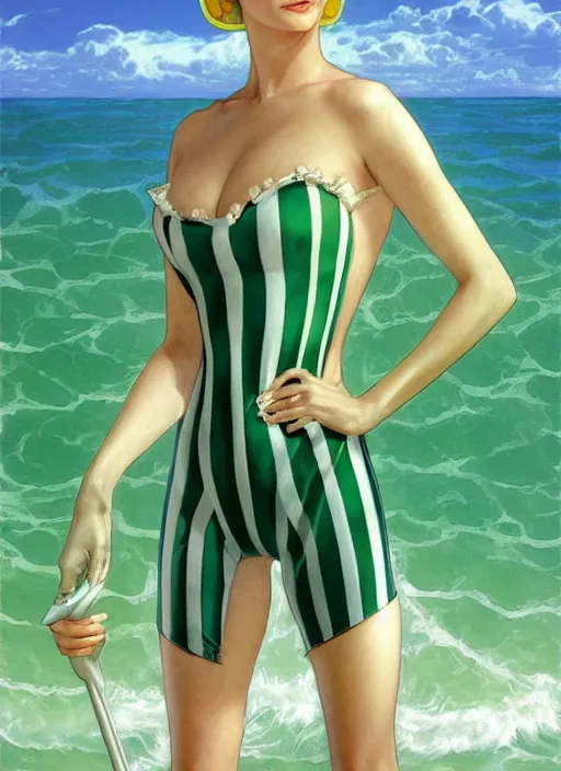 Image similar to portrait Beetlejuice green as sea lifeguard on the beach, full length shot, shining, 8k highly detailed, sharp focus, illustration, art by artgerm, mucha, bouguereau