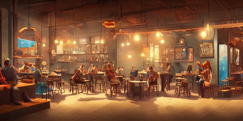 Prompt: an intricate concept art illustration of a coffee shop, no people, cinematic light, colorful, octane render by ivan talavera and artgerm 8 k
