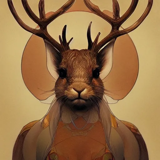 Image similar to Geometric Rabbit with antlers, intricate, elegant, highly detailed, digital painting, artstation, concept art, smooth, sharp focus, illustration, art by artgerm and greg rutkowski and alphonse mucha