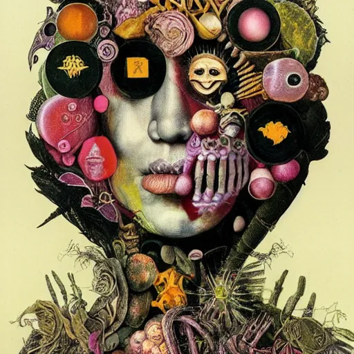 Image similar to post - punk new age album cover, asymmetrical design, dollar bank notes, capitalism, magic, apocalypse, psychedelic, black white pink, magic, giger h. r., giuseppe arcimboldo