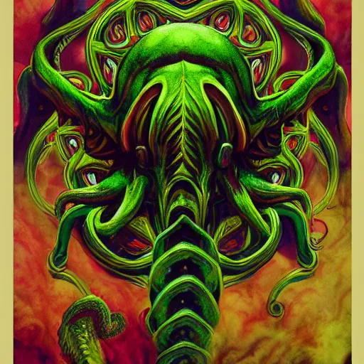 Image similar to 4 k colored headshot of godlike cthulhu with defined arms and open hands and bloody clothes with giant mandala wings, intricate face, flawless anime cel animation by kentaro miura, psychedelic, highly detailed upper body, professionally post - processed, beautiful, scary, symmetry accurate features, epic, octane rendered, anime masterpiece, accurate