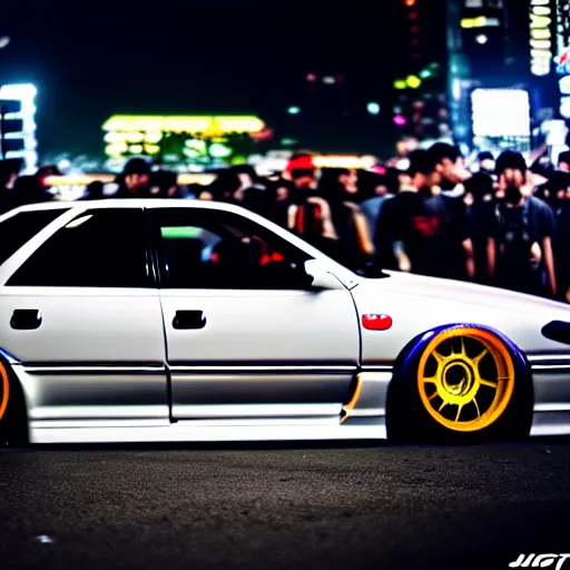 Image similar to a car JZX100 twin turbo drift at illegal car meet, Shibuya prefecture, city midnight mist lights, cinematic lighting, photorealistic, highly detailed wheels, high detail