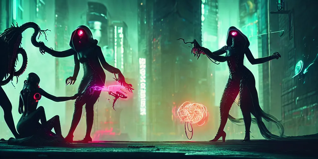 Prompt: cyberpunk witches battling cthulu lovecraftian aliens, contrasting colors, concept art, cinematic, key art, high quality, hyper realism, high detail, octane render