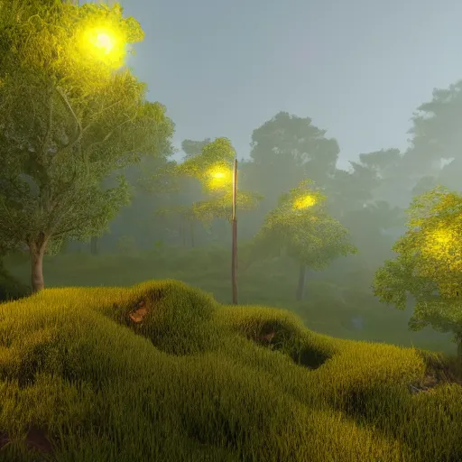 Prompt: green and healthy terrain, enveloping nature, colored point lights, volumetric lighting, unreal engine, 8K,