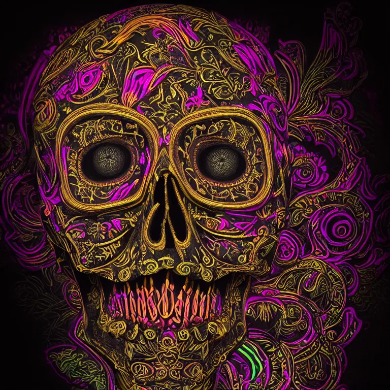 Image similar to a highly detailed photographic render of intricately carved sugar skull, psychedelic, black background, neon light, intricate ornament, gilding, horror, dark fantasy, beautifully lit, ray traced, octane 3D render in the style of Gerald Brom and James Gurney