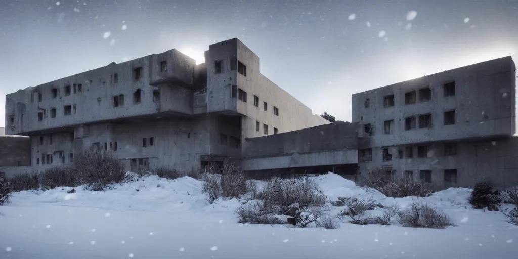 Image similar to brutalist architecture, trending on artstation, 4 k, tyndall effect, snow day ， cinematic ， ultra wide angle