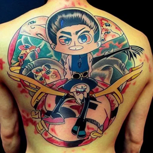 Image similar to a yakuza tattoo + anime + tex avery