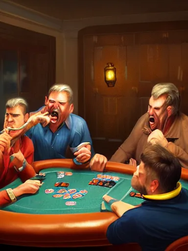 Prompt: guys yelling during a poker match. angry, intricate, elegant, highly detailed, digital painting, artstation, concept art, sharp focus, illustration, by justin gerard and artgerm, 8 k