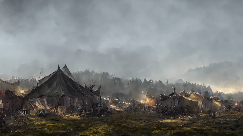 Prompt: panorama view of tents in siege camp with stone walls in background, watercolored, jakub rozalski, dark colours, dieselpunk, artstation