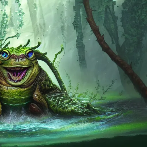 Image similar to an amphibian troll swimming in a swamp, matte painting, digital art, fantasy art, 8 k, trending on artstation, ultra detailed