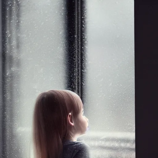 Image similar to girl looking at rainy window, fine art style, octane render, hyper realistic, hi definition, unreal engine, fantasy theme, 8 k