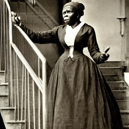 Image similar to Historical photograph of Harriet Tubman doing the Joker dance down a set of stairs