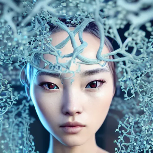 Image similar to intricate highly detailed face portrait of asian - european woman, light blue water vines on her face, intricate, cgsociety, unreal engine, octane render, sharp focus, smooth, volumetric lighting, cinematic composition, artstation