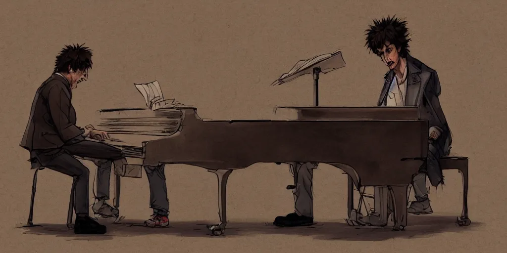 Image similar to cartoonish bob dylan playing the piano, character sheet, fine details, concept design, contrast, kim jung gi, greg rutkowski, trending on artstation, 8 k, full body, turnaround, front view, back view, ultra wide angle